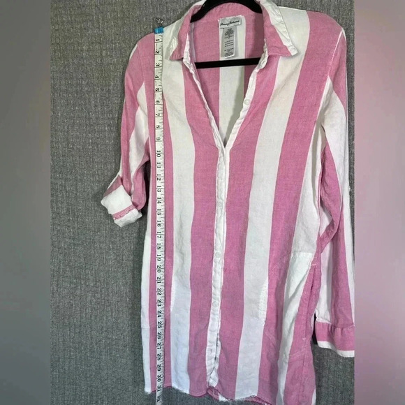 Tommy Bahama women’s size XS pink & white striped tunic button-down Long Sleeve - Picture 4 of 8